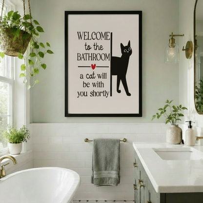 Welcome to the Bathroom funny black cat framed wall art in bright white tile bathroom with hanging plants gold towel bar and double vanity - humorous cat typography canvas print for cheerful bathroom decor