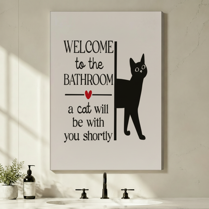 Unframed Welcome to the Bathroom black cat canvas print above minimalist sink - humorous cat typography wall art with red heart accent on cream background for contemporary bathroom decor