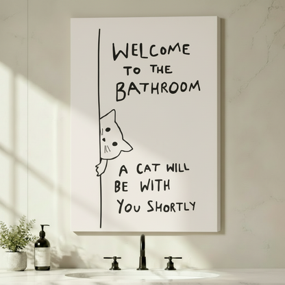 Gallery-wrapped canvas of a funny peeking cat line art print with humorous bathroom quote, styled above a modern black faucet vanity