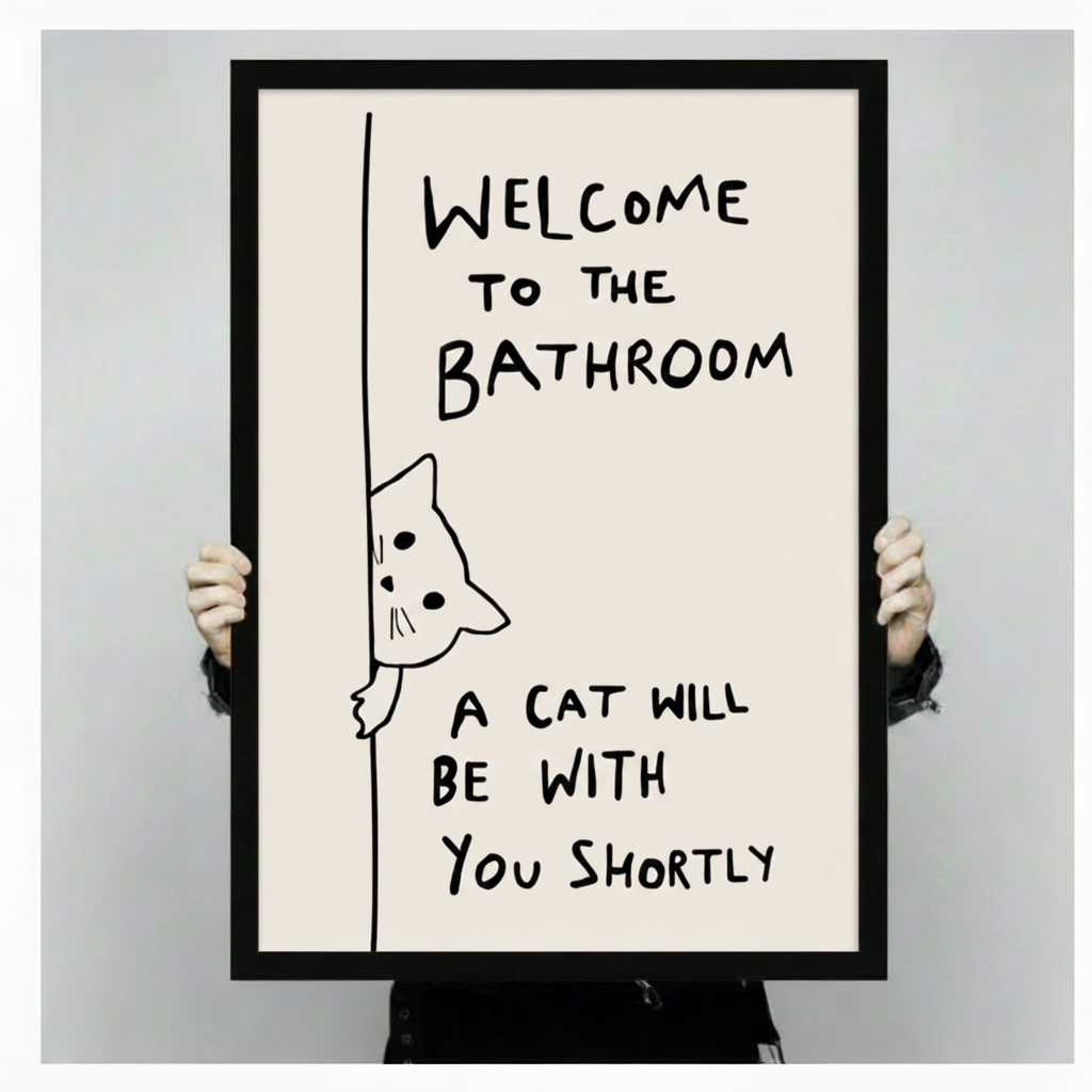 Two hands holding a large black-framed canvas print of a hand-drawn peeking cat with funny bathroom welcome quote, showing print size and frame quality