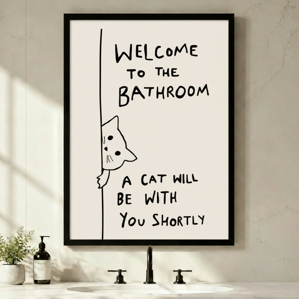 Framed black and white hand-drawn cat bathroom wall art with text "Welcome to the Bathroom, A Cat Will Be With You Shortly", displayed above a minimalist black faucet sink