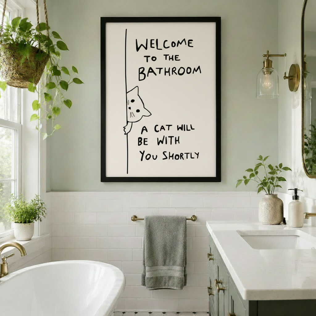 Black-framed funny cat bathroom art print with handwritten-style quote, hung in a bright white subway tile bathroom with hanging plants, dual vanity, and gold hardware