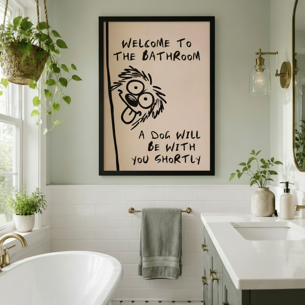 Witty peeking dog framed canvas bathroom art styled above a freestanding bathtub in a bright white subway tile bathroom with brass sconce and hanging green plants
