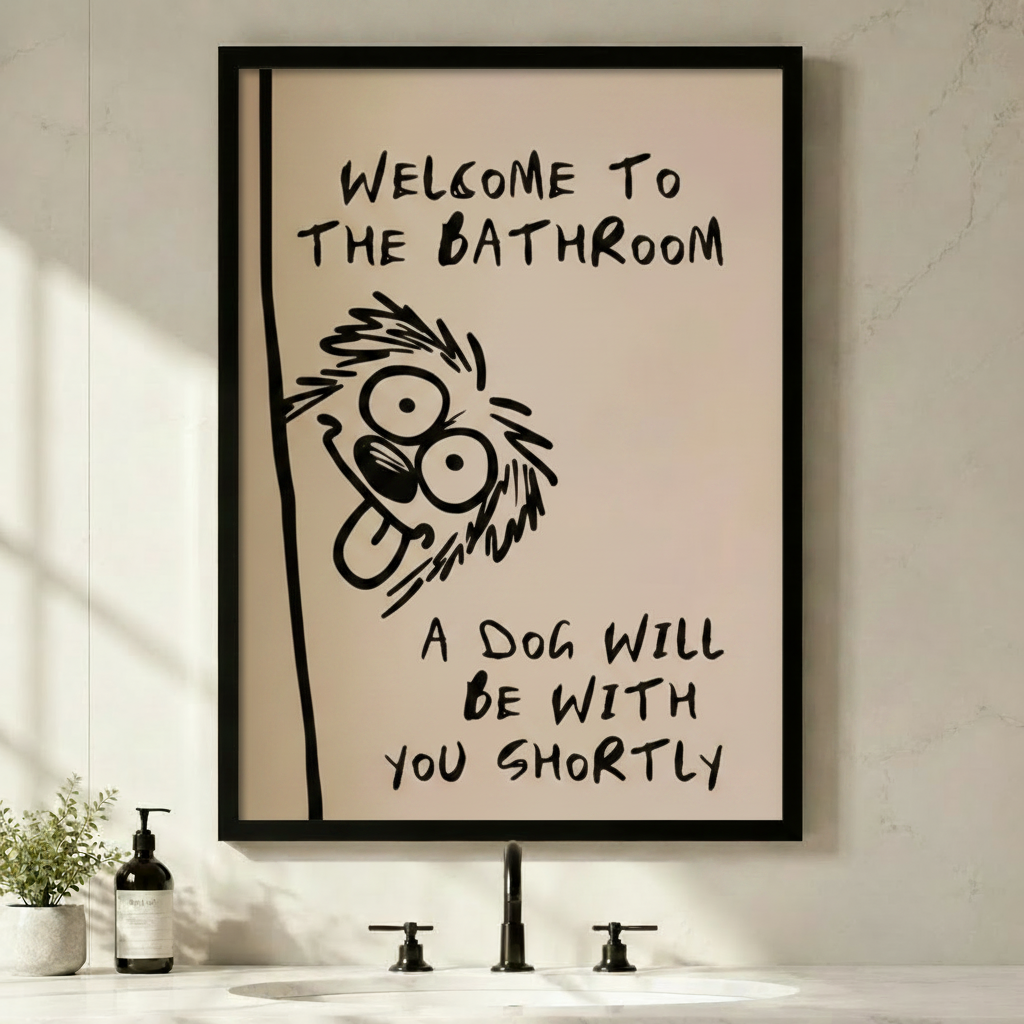Funny crazy dog peeking framed canvas wall art with welcome to the bathroom a dog will be with you shortly quote hung above a minimalist bathroom sink with black faucet