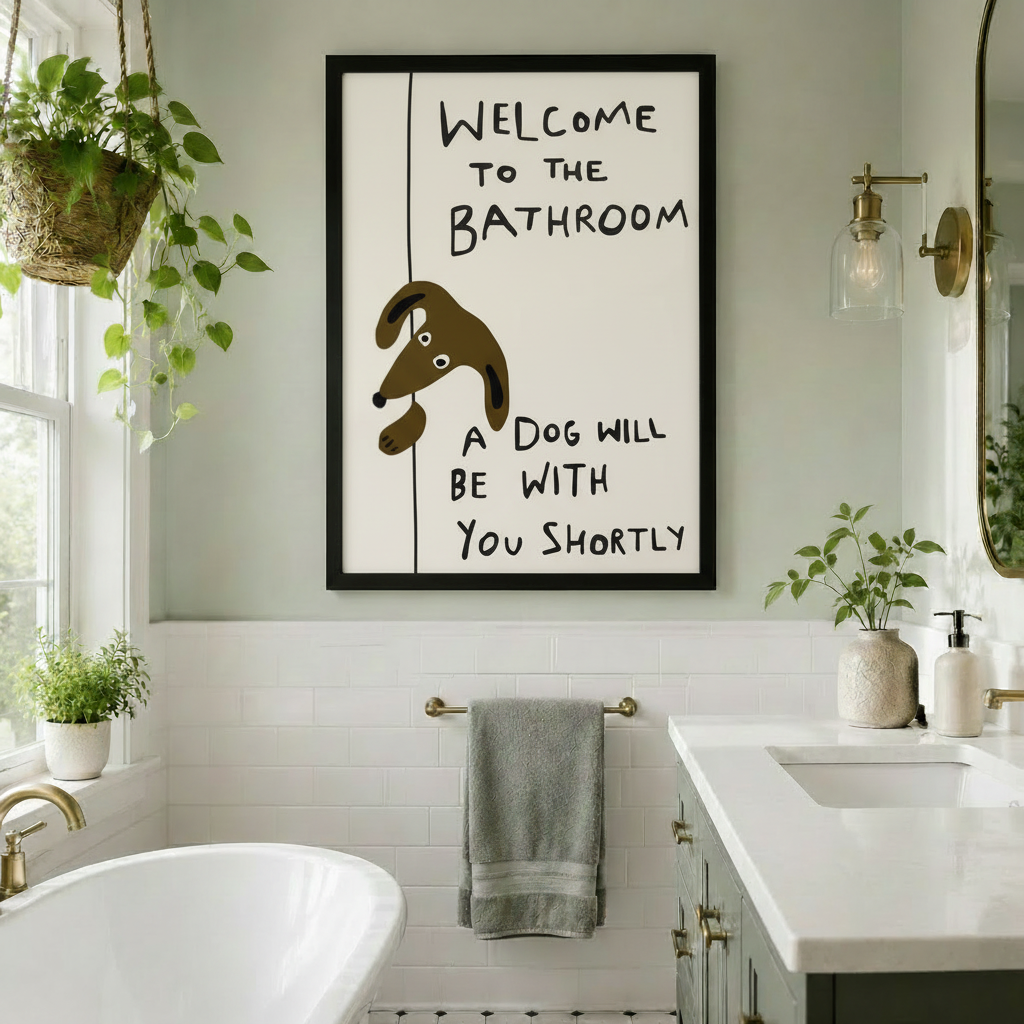 Witty dog bathroom wall art in black frame styled above a freestanding bathtub in a bright white subway tile bathroom with brass accents and hanging plants