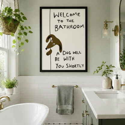 Witty dog bathroom wall art in black frame styled above a freestanding bathtub in a bright white subway tile bathroom with brass accents and hanging plants