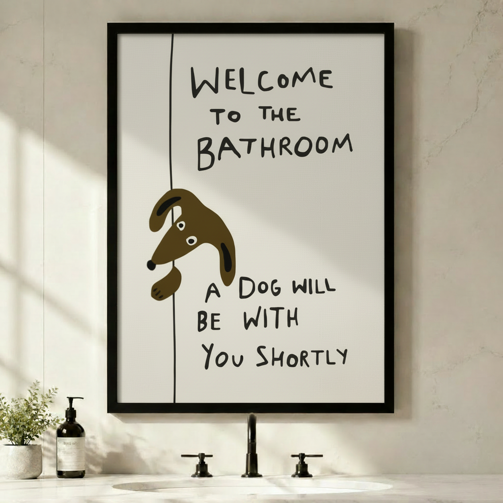 Funny dog bathroom wall art framed canvas with text welcome to the bathroom a dog will be with you shortly hung above a modern black faucet sink
