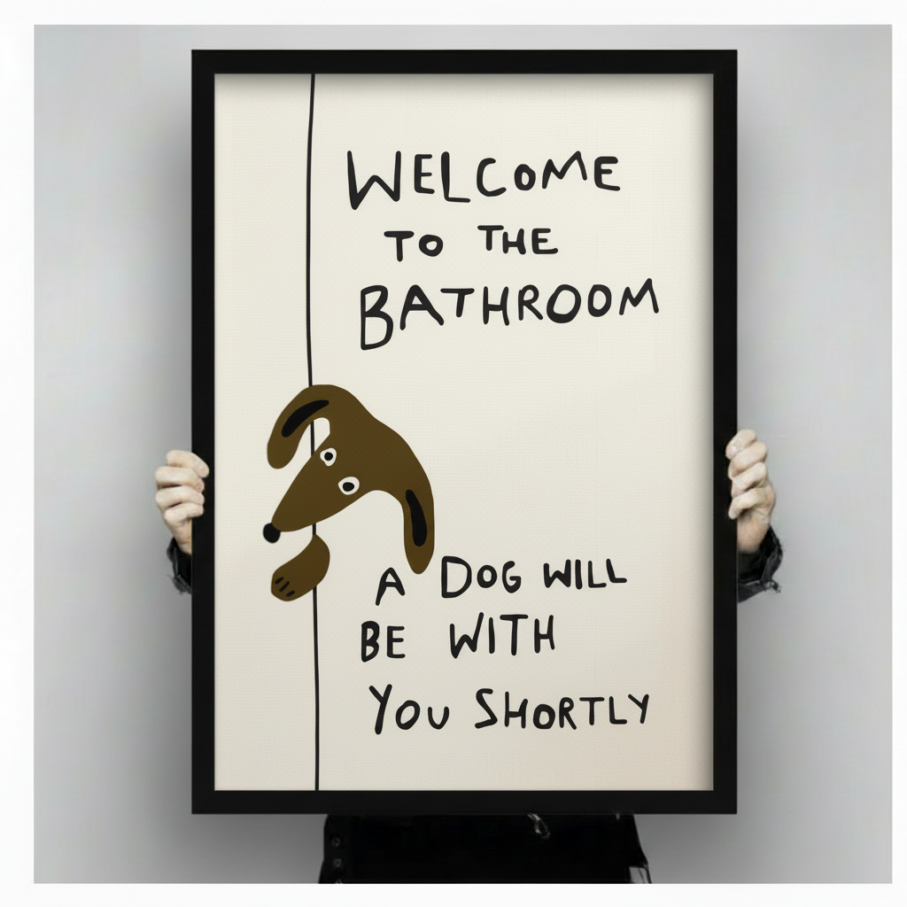 Person holding large black framed funny dog bathroom wall art print with welcome to the bathroom a dog will be with you shortly quote