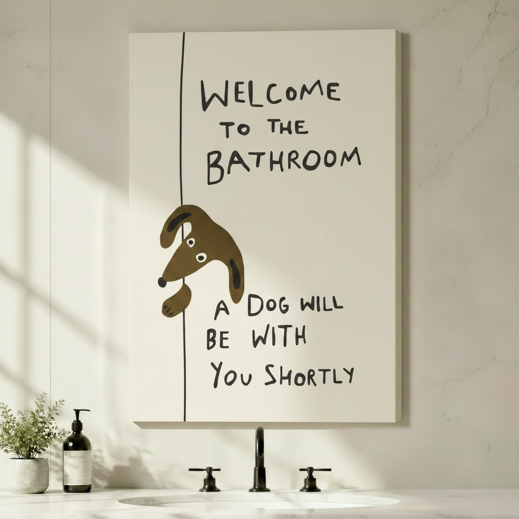 Humorous dog quote gallery wrap canvas art reading welcome to the bathroom displayed above a minimalist bathroom vanity with black fixtures
