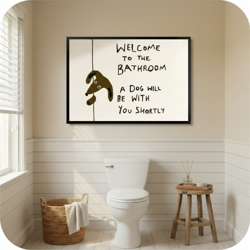 Welcome to the bathroom a dog will be with you shortly humorous line art in black frame above toilet in beige shiplap bathroom – woven basket wood stool natural window light brown cartoon dog cream background funny dog quote bathroom canvas