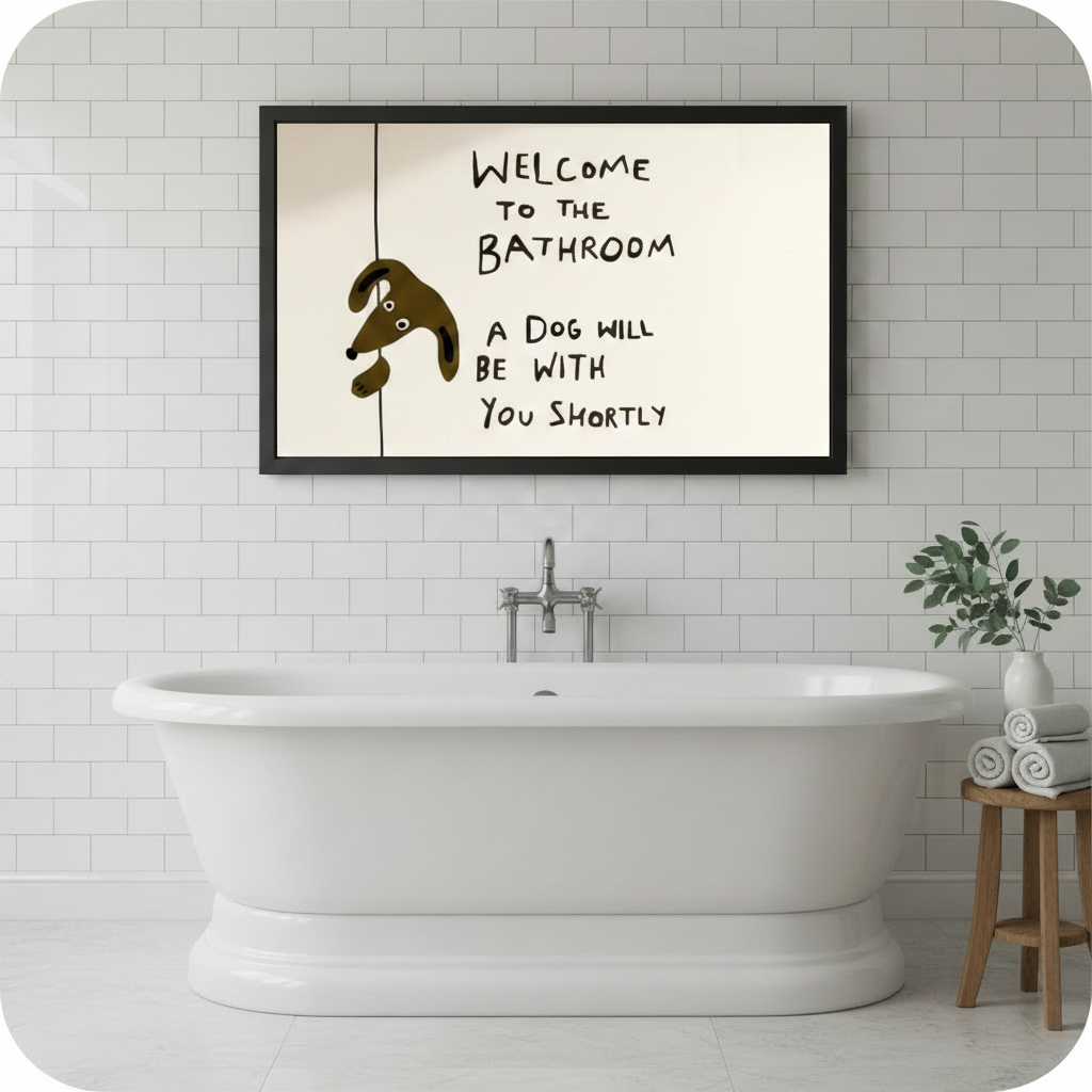 Welcome to the bathroom a dog will be with you shortly humorous line art illustration in black frame on white subway tile bathroom wall – brown cartoon dog dangling cream background funny dog quote canvas wall art above freestanding bathtub