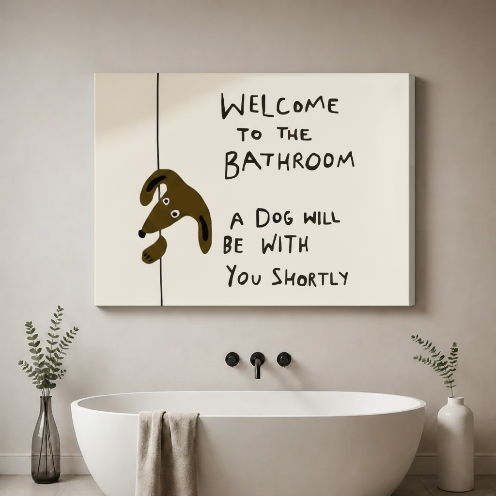 Frameless welcome to the bathroom a dog will be with you shortly humorous line art canvas on warm grey bathroom wall – brown cartoon dog hanging on black line cream background funny dog quote print above oval freestanding tub with black wall-mounted faucet