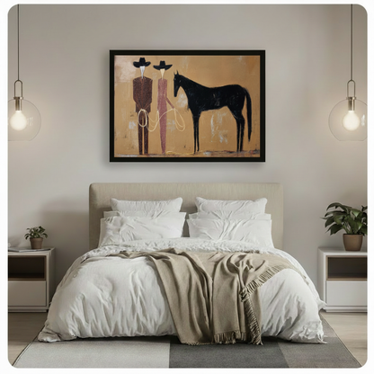 Western cowboy couple and black horse framed canvas wall art above a bed with white linen bedding, a taupe throw blanket, white nightstands, potted plants, and globe pendant lights in a modern bedroom