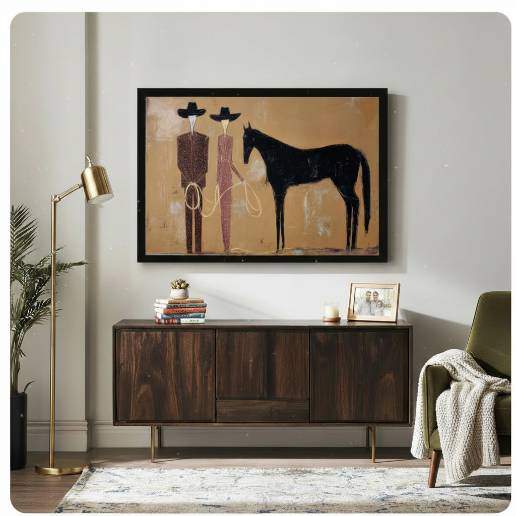 Abstract western cowboy horse canvas print in black frame above a dark walnut sideboard with stacked books and a succulent, brass floor lamp and olive green armchair in a modern living room