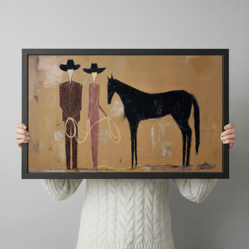  Abstract western cowboy and cowgirl with black horse framed canvas wall art held up against a light gray background, textured oil painting style, black wood frame, horizontal landscape print