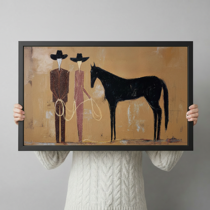  Abstract western cowboy and cowgirl with black horse framed canvas wall art held up against a light gray background, textured oil painting style, black wood frame, horizontal landscape print