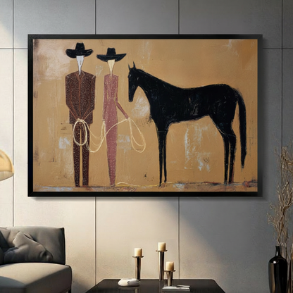 Abstract western cowboy couple with black horse framed canvas wall art on a gray tile wall above a coffee table with candle holders, warm terracotta tones, modern living room decor