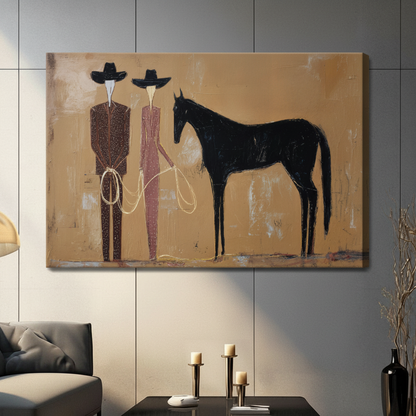 Gallery wrap stretched canvas of two abstract cowboys in wide-brim hats with a black horse on a warm amber background, displayed on a gray paneled wall in a contemporary living room