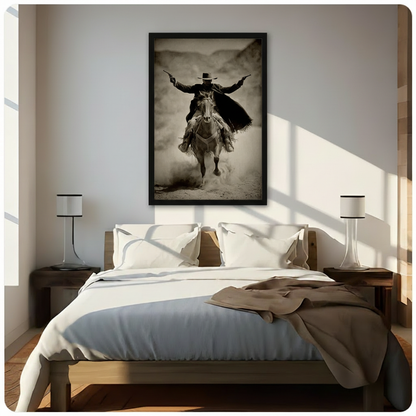Framed western cowboy canvas art hung above a bed in a sunlit bedroom, depicting a lone gunslinger charging on horseback through a dusty desert landscape in moody sepia tones