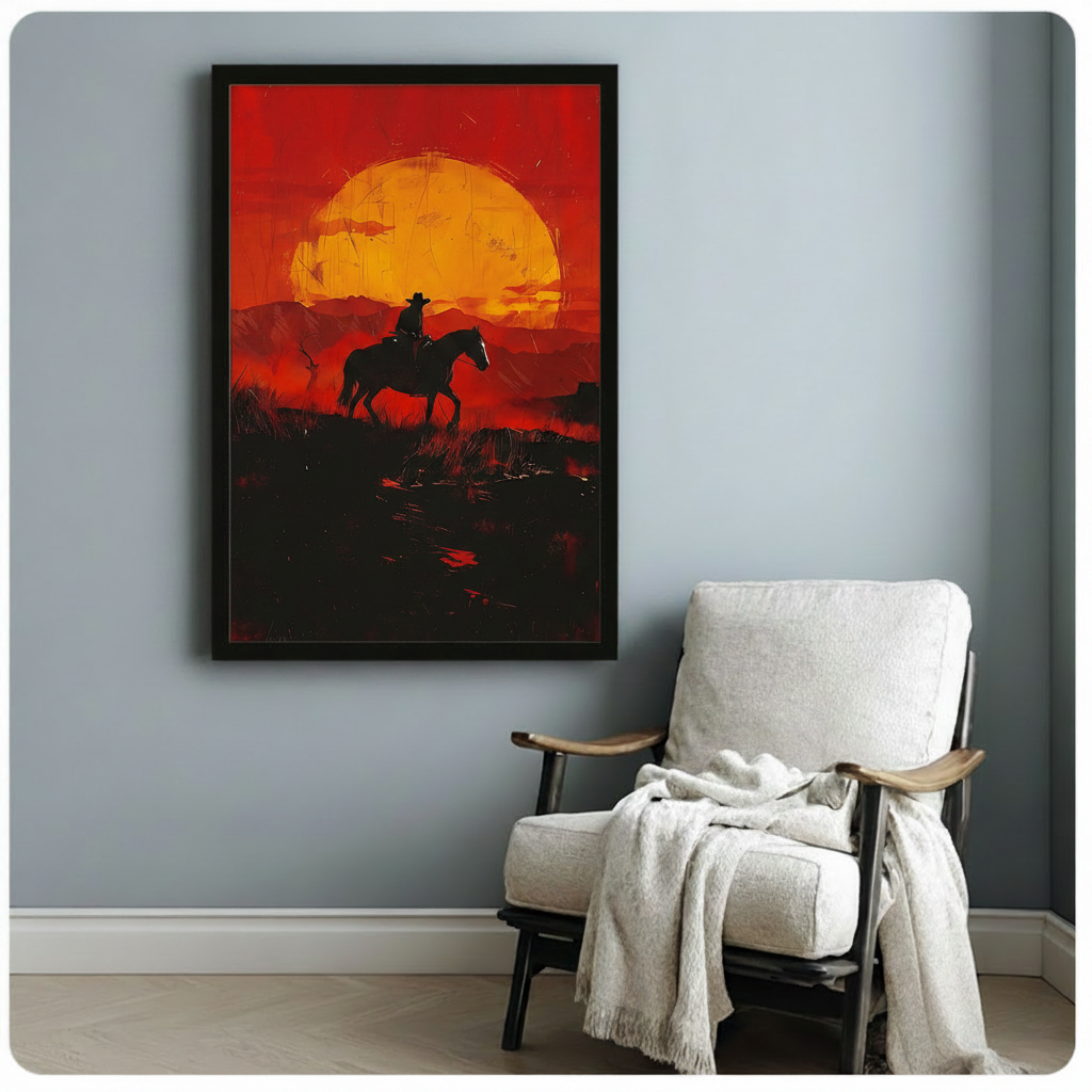 Bold western cowboy sunset oil painting style framed canvas art above a cozy armchair in a minimalist gray room