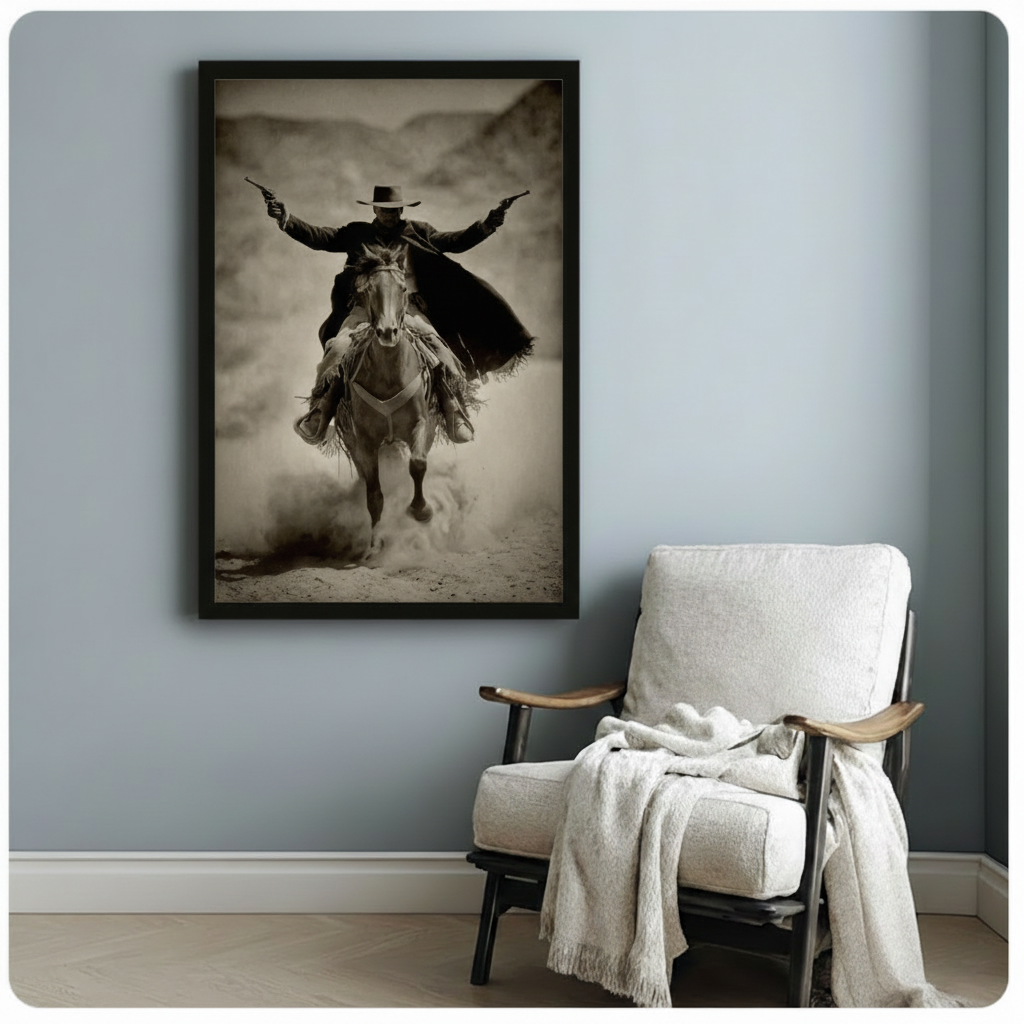 Framed vintage-style art print of a gunslinger on a white horse galloping through a dusty desert, arms wide with revolvers drawn, styled beside an armchair in a light grey hallway
