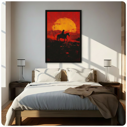 Western cowboy riding into sunset framed canvas art hung above bed in a bright modern bedroom with warm natural light