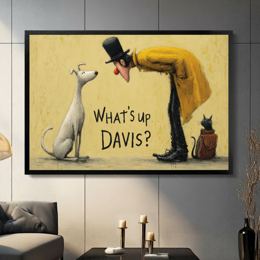 "What's Up Davis" black framed funny dog art print displayed on a grey panel wall above a modern console table