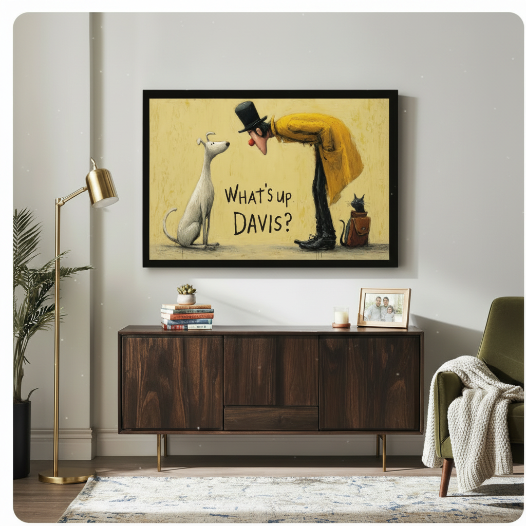 "What's Up Davis" quirky dog and cat art print mounted above a dark walnut sideboard with a gold floor lamp
