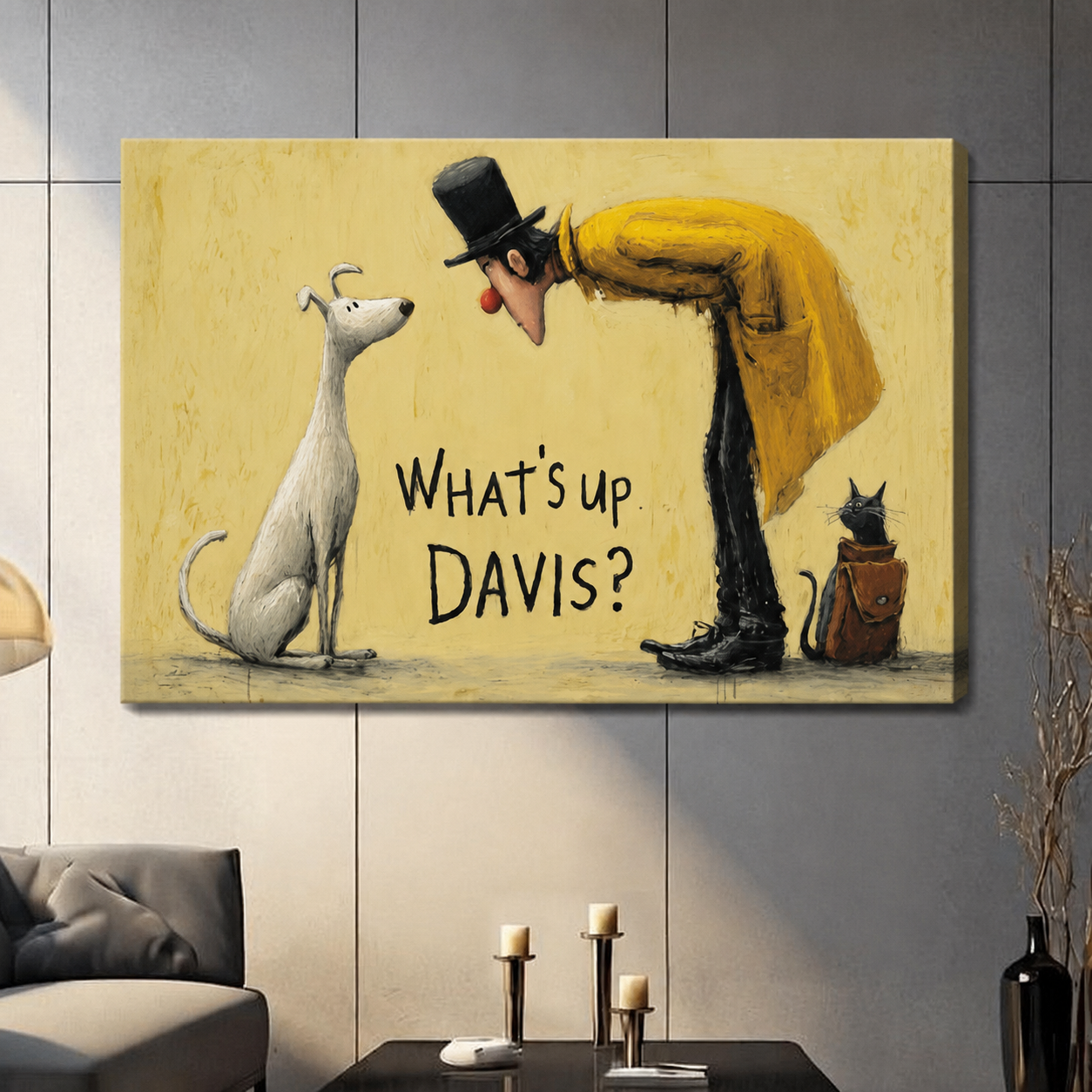 Unframed canvas wrap of "What's Up Davis" whimsical illustration with white dog, man in top hat, and black cat on yellow background