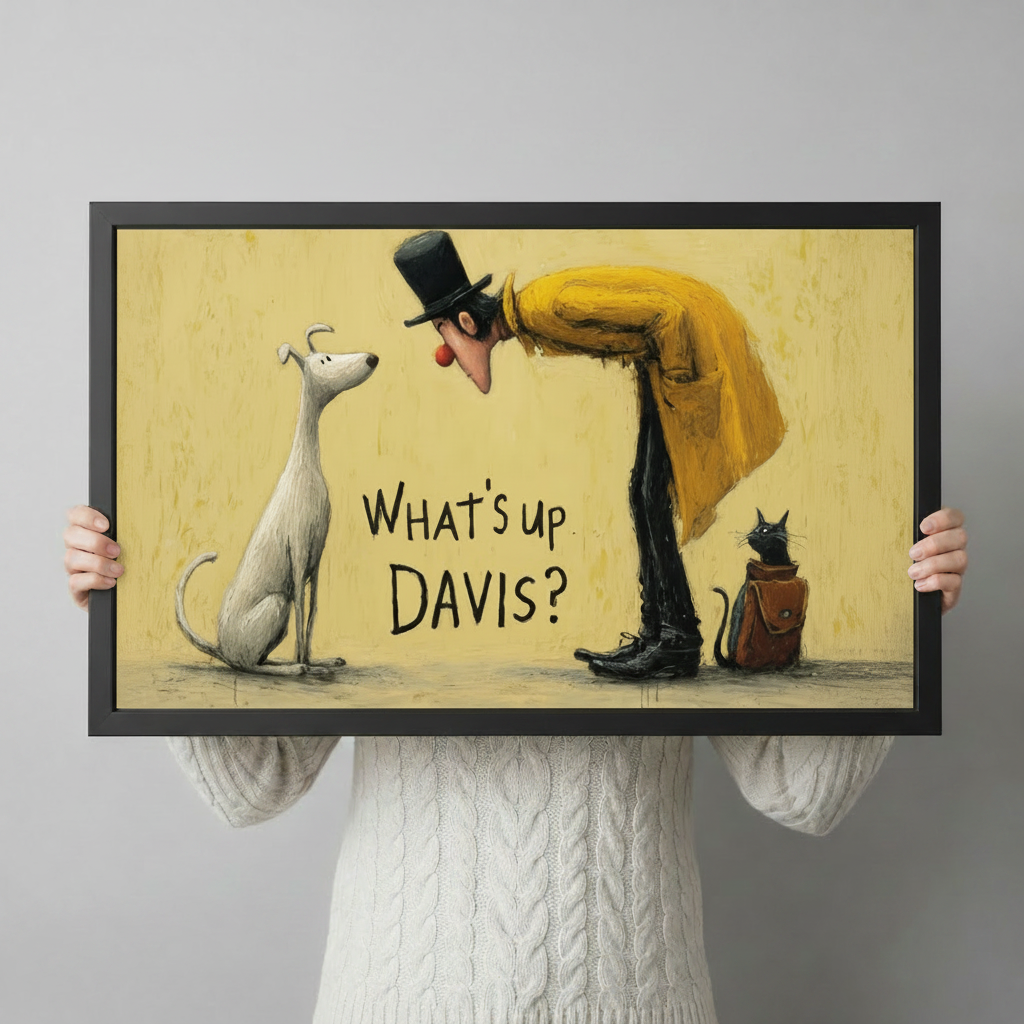 Person in white sweater holding a large black framed "What's Up Davis" dog wall art print showing print size
