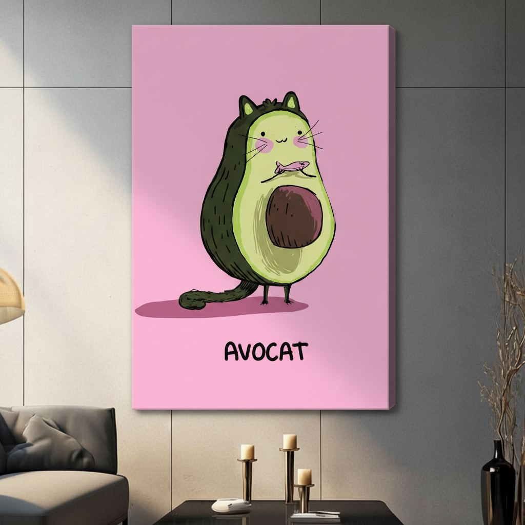 Stretched canvas whimsical Avocat avocado cat wall art featuring a plump dark green avocado-shaped cartoon cat with tiny pointed ears blushing pink cheeks long white whiskers a small fish dangling from its mouth a curling green tail and a round brown pit belly on bird-like feet above bold black Avocat text on a vivid bubblegum pink background, hung on a gray panel wall above a dark gray sofa