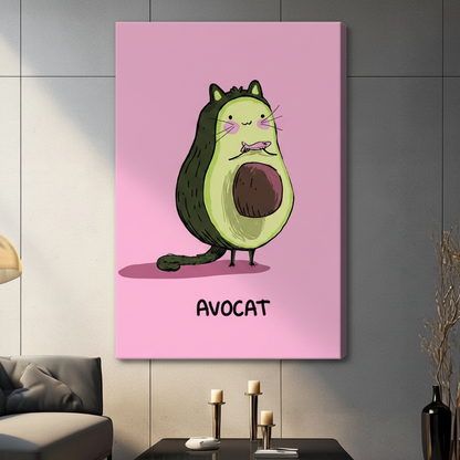 Stretched canvas whimsical Avocat avocado cat wall art featuring a plump dark green avocado-shaped cartoon cat with tiny pointed ears blushing pink cheeks long white whiskers a small fish dangling from its mouth a curling green tail and a round brown pit belly on bird-like feet above bold black Avocat text on a vivid bubblegum pink background, hung on a gray panel wall above a dark gray sofa