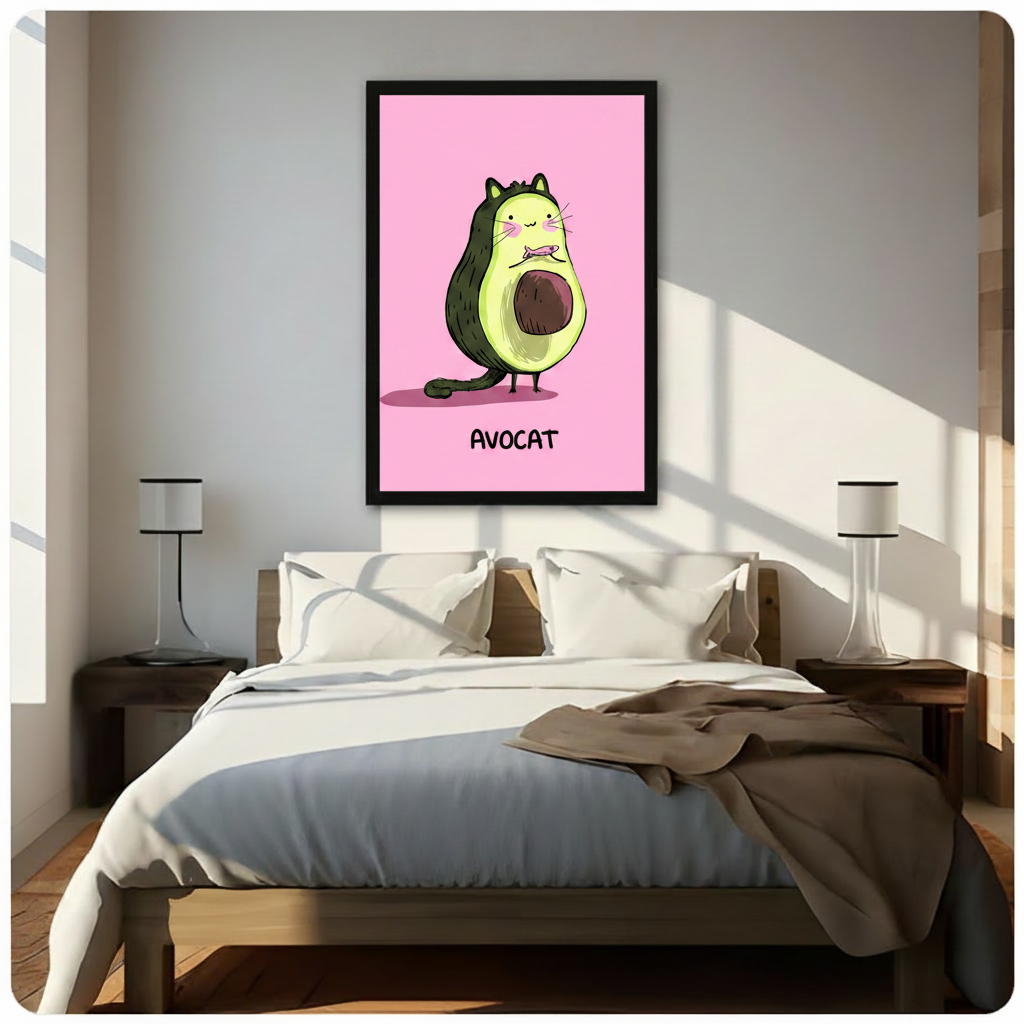 Black framed whimsical Avocat avocado cat canvas art with a chubby round dark green avocado body cartoon cat with small cat ears pink blushing cheeks long white whiskers a tiny fish dangling from its mouth a curling green tail and a brown pit belly on bird-like feet above bold black Avocat lettering on a bright bubblegum pink background, hung above a dark wood bed with white linen bedding in a sunlit bedroom