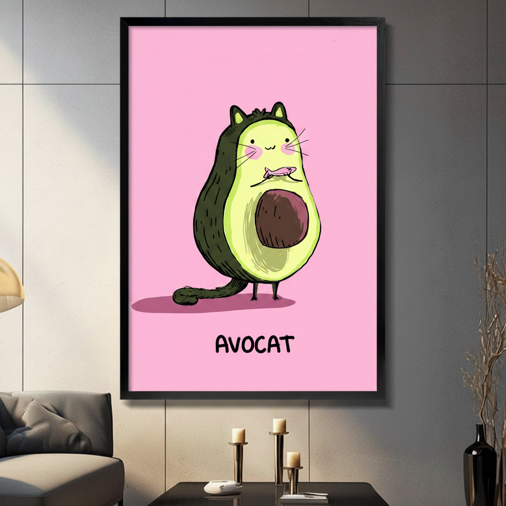 Black framed whimsical Avocat avocado cat canvas art with a chubby round dark green avocado body shaped cartoon cat with small cat ears pink cheeks long white whiskers a tiny fish in its mouth a curling green tail and a visible brown pit belly standing on bird-like feet above bold black Avocat lettering on a bright bubblegum pink background, hung on a gray panel wall above a dark gray sofa
