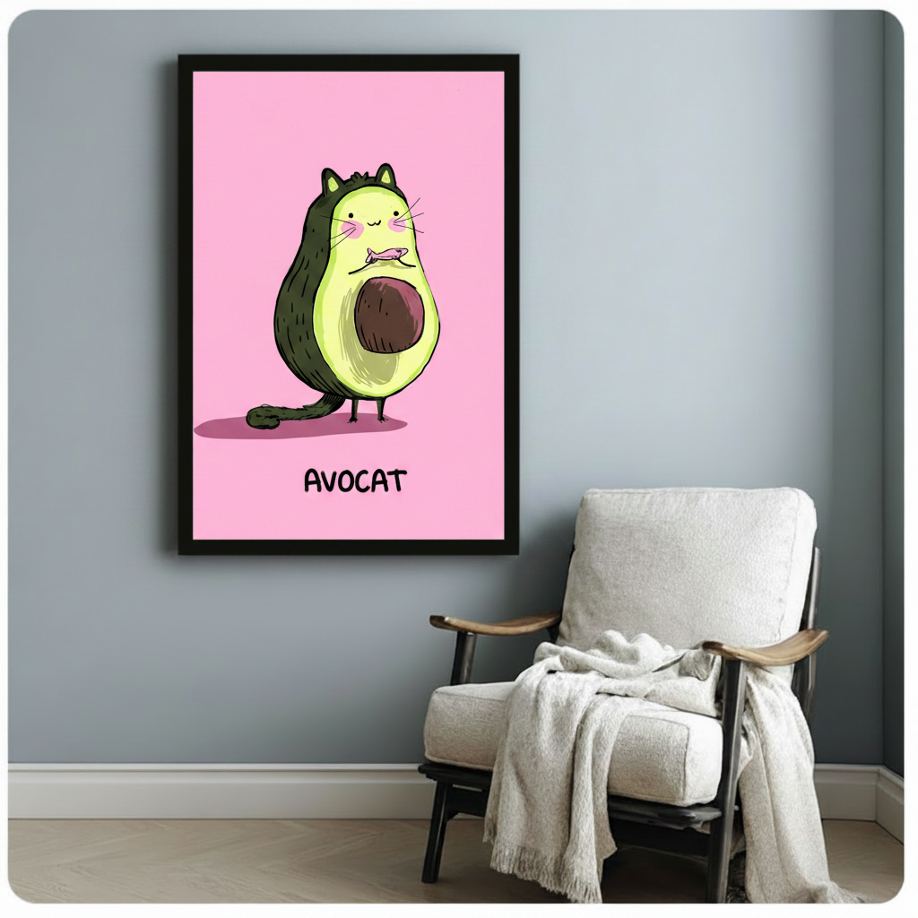 Black framed whimsical Avocat avocado cat canvas art showing a round chubby dark green avocado body cartoon cat with small cat ears rosy pink cheeks long white whiskers a tiny fish in its mouth a curling green tail and a brown pit belly standing on bird-like feet above bold black Avocat lettering on a bright bubblegum pink background, displayed beside a white linen wood-frame armchair with a cream throw