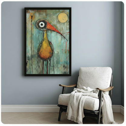 Black framed whimsical bird painting with expressive eye and red beak, styled above a neutral linen accent chair