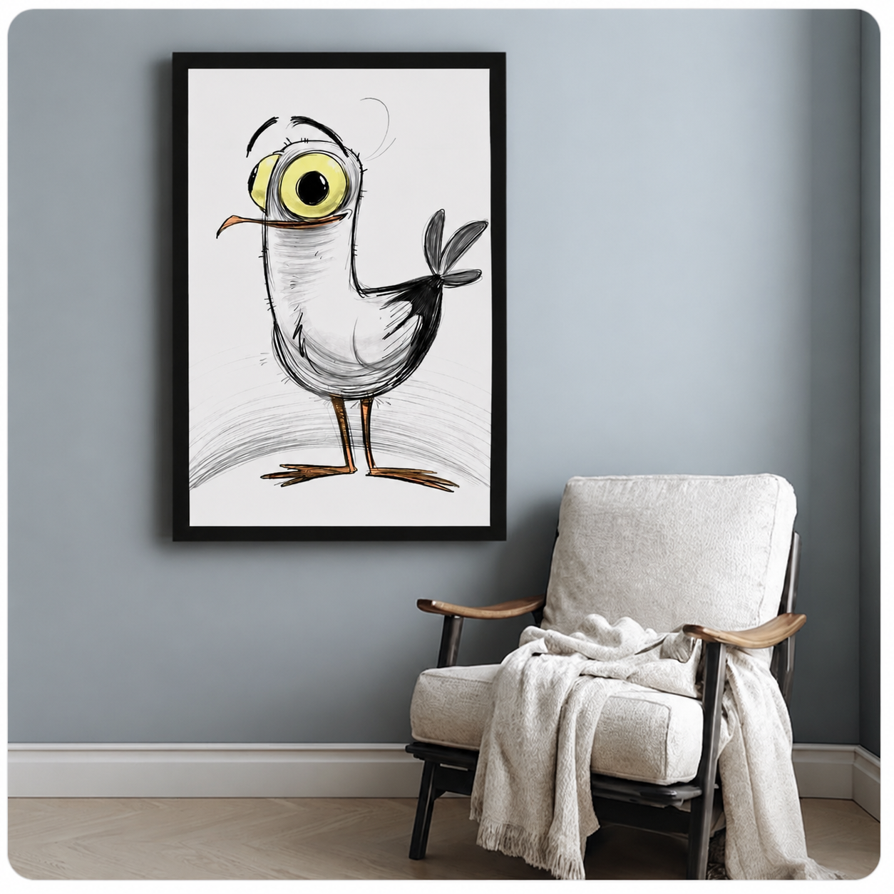 Whimsical one-eyed bird framed poster above accent chair, hand-sketched character art print for modern home decor