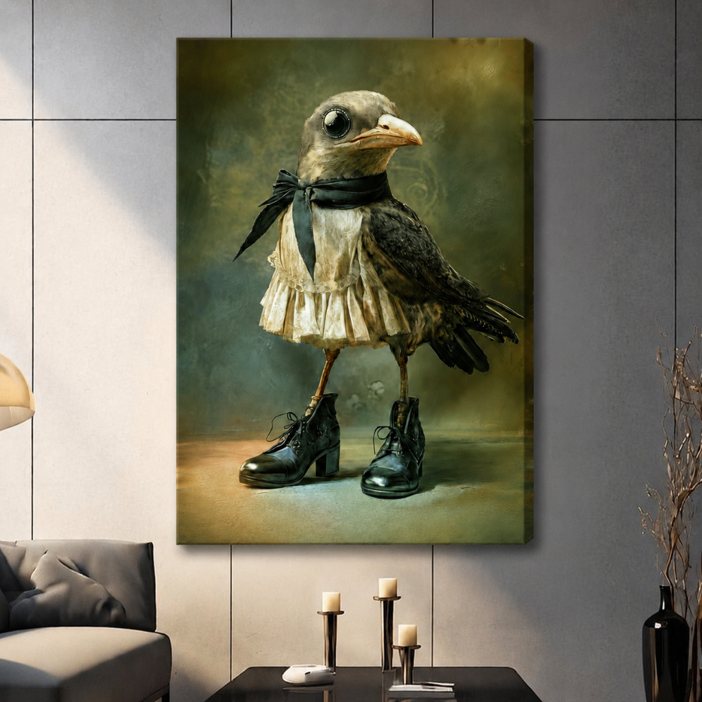 Large canvas print of a whimsical crow in vintage lace skirt and black boots hanging on grey wall in contemporary living room setting