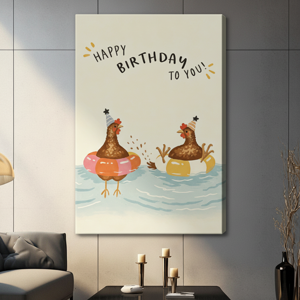 Stretched canvas wall art of a cheerful birthday scene featuring two party-hat wearing brown hens floating in pink and yellow pool rings splashing in gentle blue water with a playful happy birthday to you message on a cream background, hung on a dark gray tile wall beside a modern gray sofa with candlestick decor