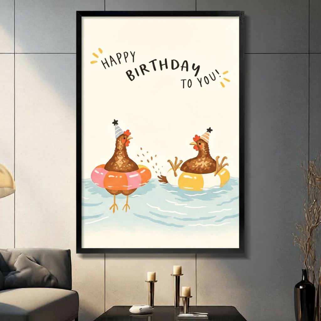 Black framed whimsical happy birthday chickens in pool floats canvas art with two brown hens wearing party hats splashing in pink and yellow swim rings in light blue water beneath a hand-lettered happy birthday to you quote on a cream background, displayed on a dark gray tile wall above a black table with candlesticks beside a gray sofa