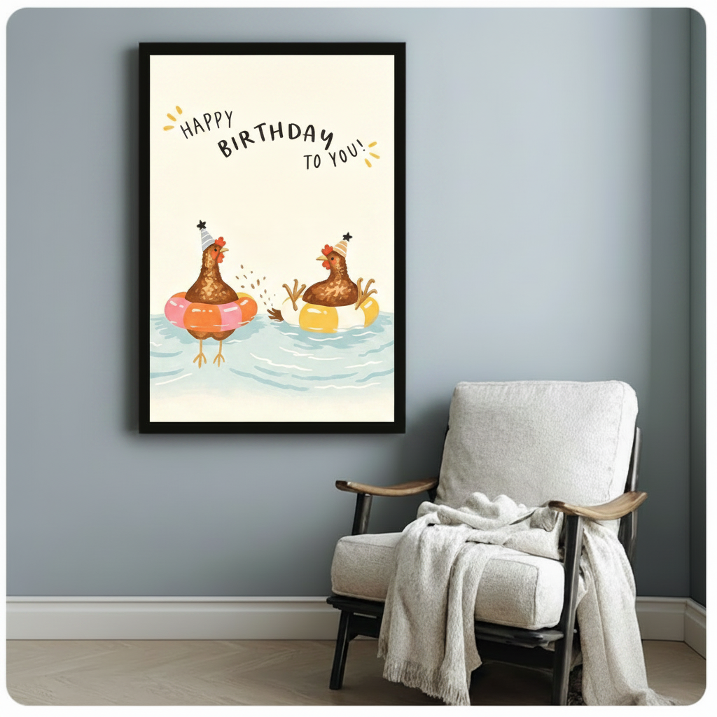 Black framed fun happy birthday chickens canvas art showing two brown hens in party hats bobbing in pink and yellow swim floats in blue water with a hand-drawn happy birthday to you greeting on a cream background, displayed on a soft blue-gray wall beside a light upholstered wooden armchair draped with a cream knit throw blanket
