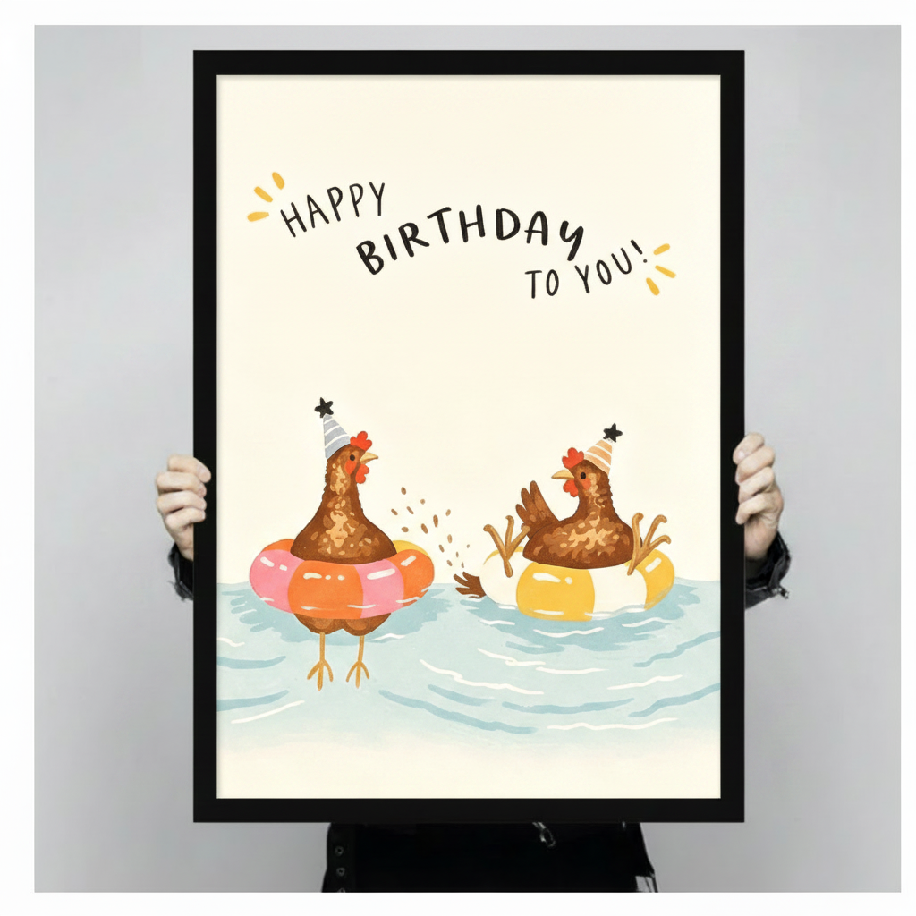 Person holding a large vertical black framed whimsical happy birthday chickens in pool floats canvas art print showing two party-hat hens splashing in pink and yellow swim rings in light blue water with a cheerful happy birthday to you quote on a cream background in a light gray studio setting