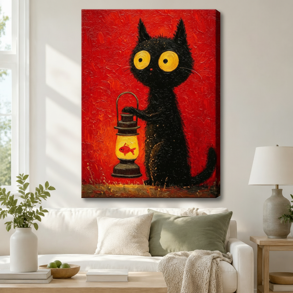 Stretched canvas wall art of a charming fuzzy black cat with oversized yellow eyes clutching a rustic lantern that glows with an orange goldfish inside, painted in bold textured brushstrokes on a warm crimson background, hung in a bright living room above a cream sofa with a sage green pillow and a gray ceramic table lamp