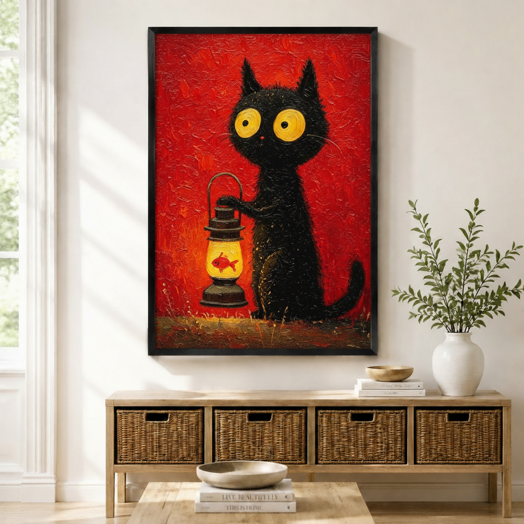 Black framed whimsical big-eyed black cat holding a goldfish lantern canvas art with a fluffy black cat with huge golden eyes lifting a vintage oil lamp containing a little orange fish on a rich red impasto oil-painted background, displayed on a light gray wall above a wooden rattan storage console with a white vase of greenery