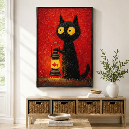 Black framed whimsical big-eyed black cat holding a goldfish lantern canvas art with a fluffy black cat with huge golden eyes lifting a vintage oil lamp containing a little orange fish on a rich red impasto oil-painted background, displayed on a light gray wall above a wooden rattan storage console with a white vase of greenery