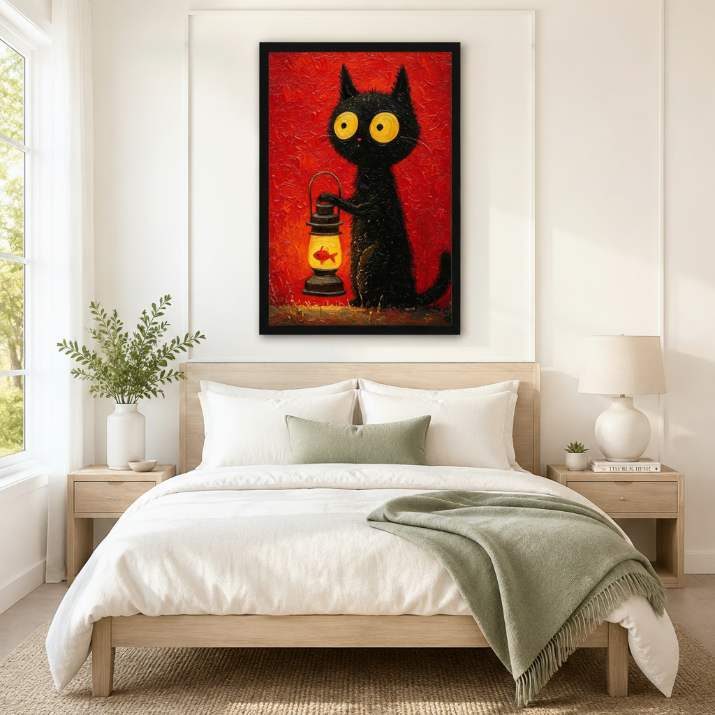 Black framed whimsical big-eyed black cat holding a goldfish lantern canvas art with a fuzzy black cat with huge golden eyes lifting a vintage oil lamp containing a small orange fish on a warm red impasto oil-painted background, hung above a wooden bed frame in a sun-drenched bedroom with crisp white linen bedding, a sage green throw, and a round white nightstand lamp