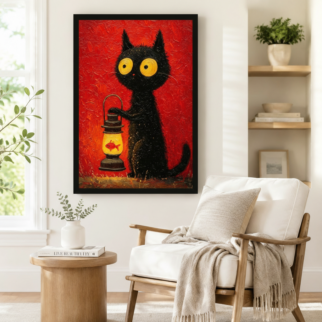 Black framed whimsical black cat with goldfish lantern canvas art showing a shaggy wide-eyed black cat holding a vintage oil lamp lit by a small orange fish on a deep red impasto background, displayed on a white wall beside a light upholstered wooden armchair draped with a cream fringed throw blanket near a shelf of plants