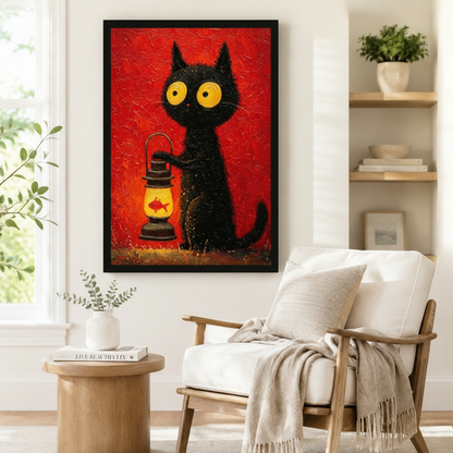Black framed whimsical black cat with goldfish lantern canvas art showing a shaggy wide-eyed black cat holding a vintage oil lamp lit by a small orange fish on a deep red impasto background, displayed on a white wall beside a light upholstered wooden armchair draped with a cream fringed throw blanket near a shelf of plants