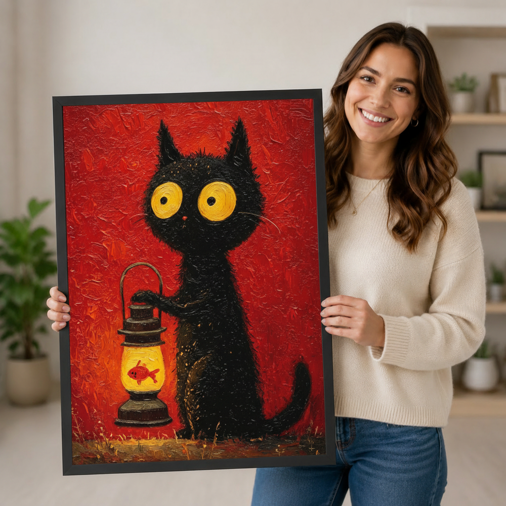 Person holding a large vertical black framed whimsical big-eyed black cat holding a goldfish lantern canvas art print showing a fluffy black cat with enormous golden eyes gripping a rustic lamp glowing with an orange fish on a rich red oil-painted background in a bright plant-filled room