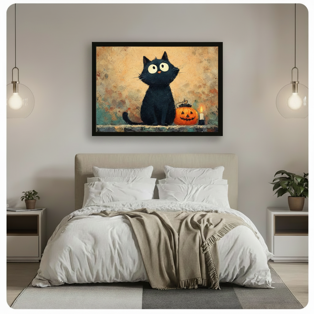 Whimsical Halloween black cat framed canvas above a bed with white linen bedding, taupe throw blanket, white open nightstands, potted plants, and glass globe pendant lights in a minimal modern bedroom